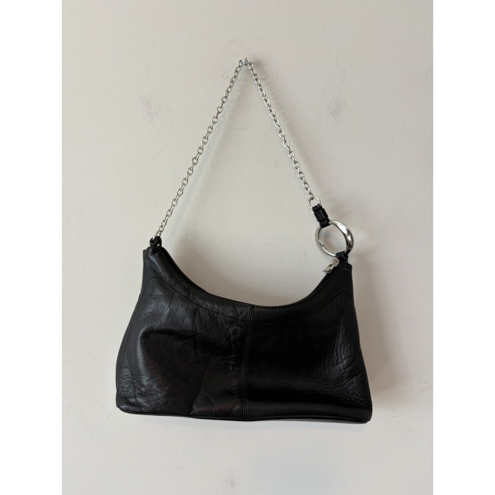 Y2K Black Full Grain Leather Shoulder Bag With Silver Chain Strap‎ Goth Grunge